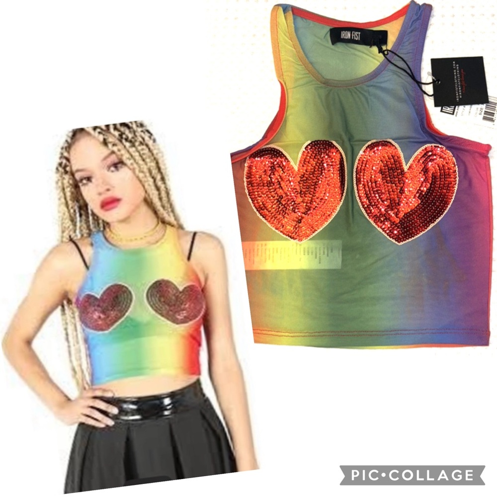 NEW! Iron Fist SOMEWHERE Rainbow Sequin Hearts Sheer Mesh Crop Top Tank Size XS